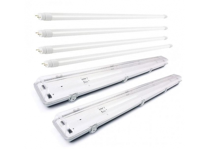 2x Svitidlo + 4x LED trubice - T8 - 120cm - 18W - 6400Lm - studená bílá - SADA