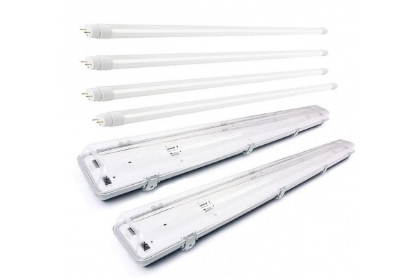 2x Svitidlo + 4x LED trubice - T8 - 120cm - 18W - 6400Lm - teplá bílá - SADA